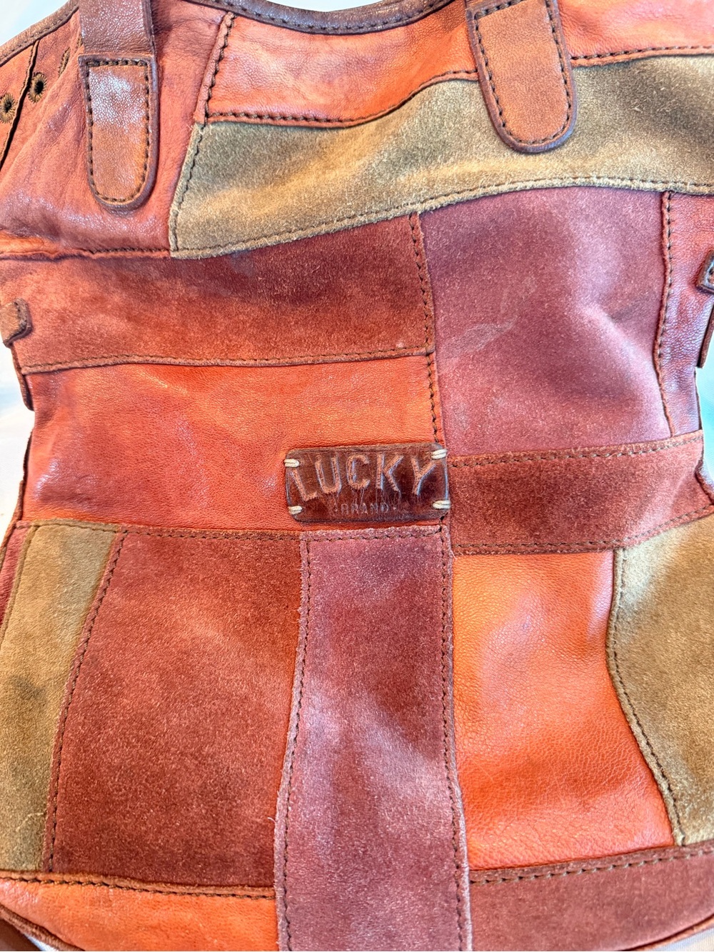 Vintage Lucky Brand Patchwork Suede & Leather Dual Handle Tote in Earth Shades - Picture 11 of 11